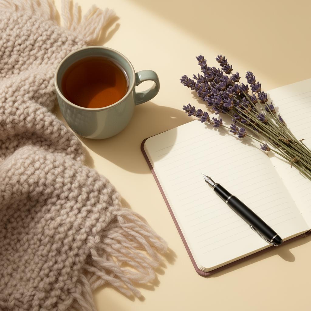 Tea, journal and dried lavender